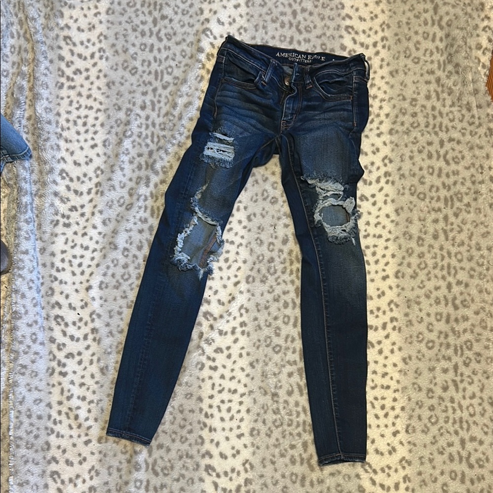 American Eagle Outfitters Blue Skinny Jeans with Distressed Details